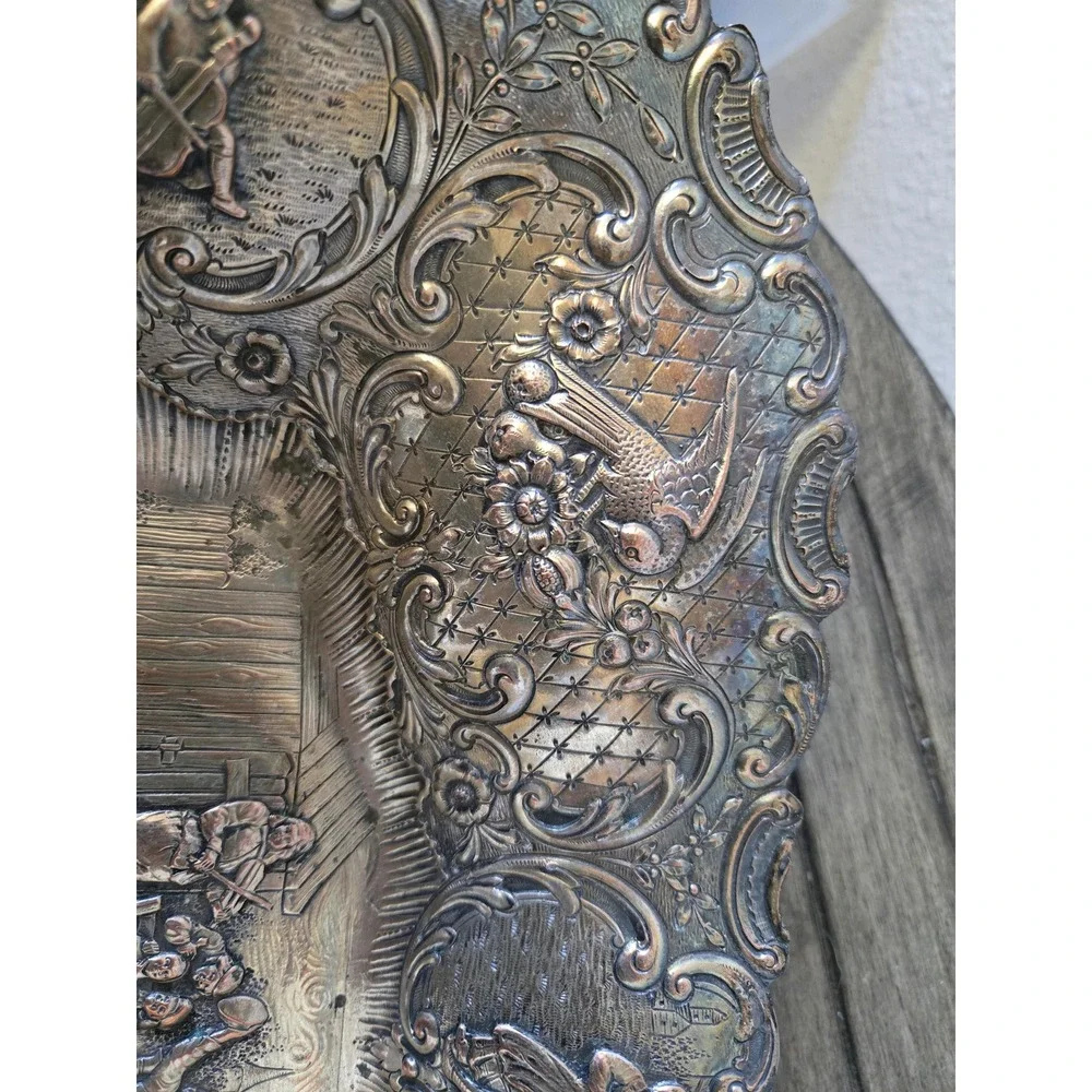 Antique Silver on Copper Dutch Revival Repousse People Tavern Courtyard Bowl